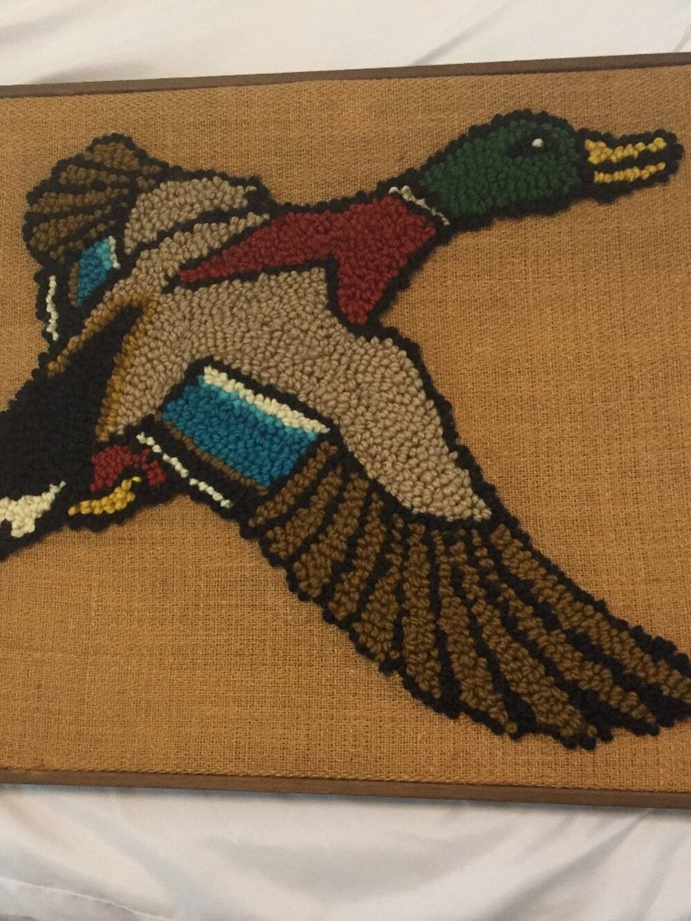 Vintage 1970’s Flying Duck/Mallard Yarn Art Framed Burlap Wall Hanging MCM